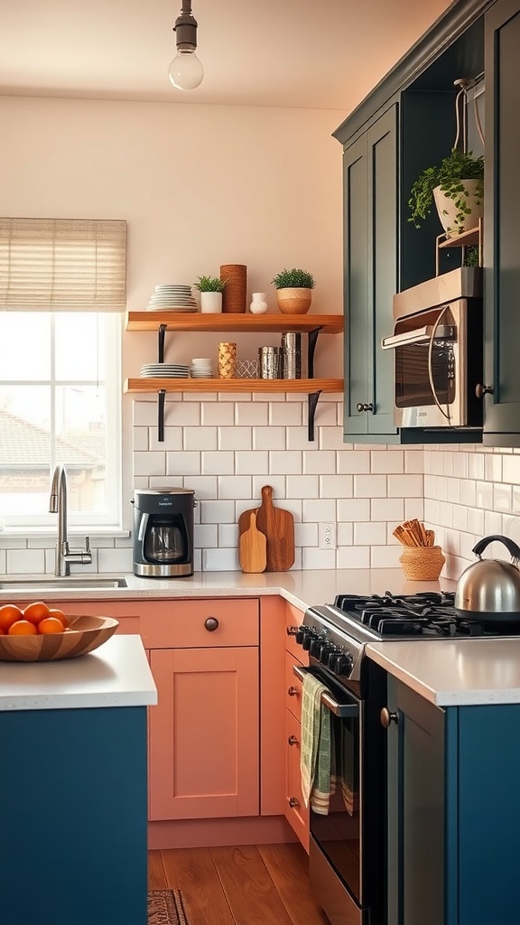 A small kitchen featuring peach and blue cabinetry, wooden shelves, and a cozy atmosphere.