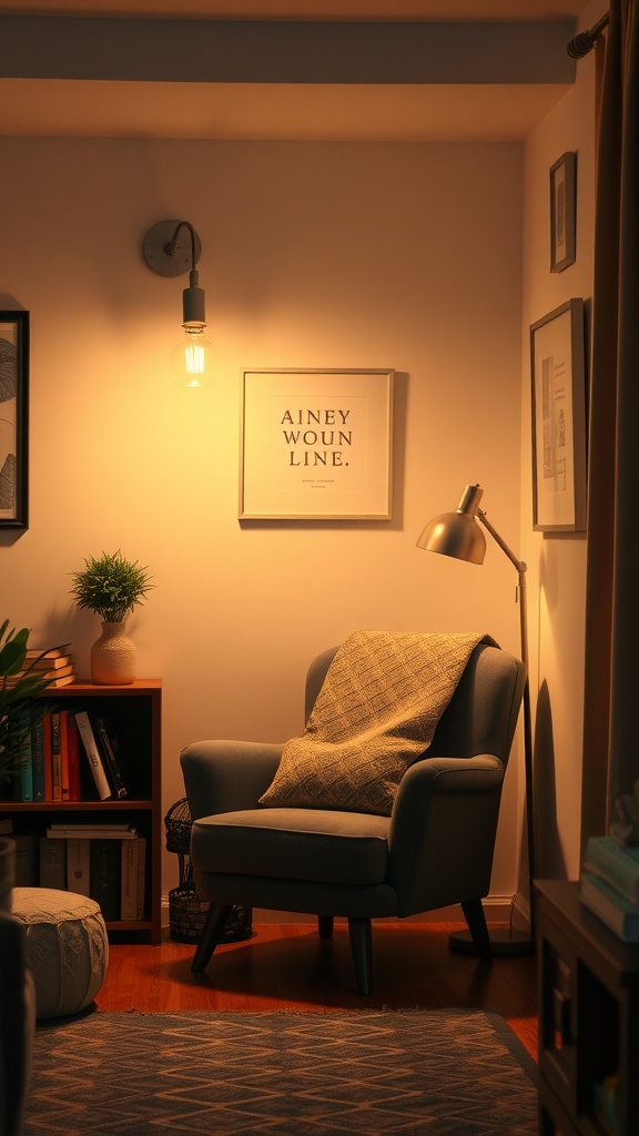 Cozy reading nook with a blue armchair, lamp, and bookshelf