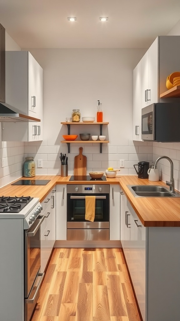 A compact kitchen with an L-shaped layout featuring modern cabinets, wood countertops, and open shelving.