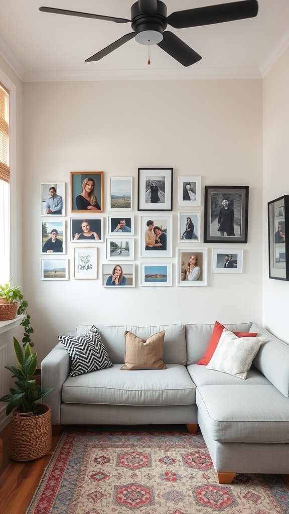 A cozy living room with a gallery wall featuring a mix of personal photos and artwork, complemented by a comfortable sofa and decorative pillows.