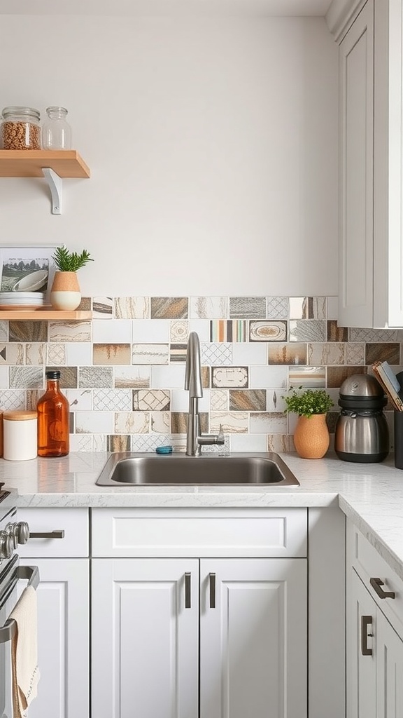 A cozy small kitchen with a creative tile backsplash, showcasing different patterns and colors