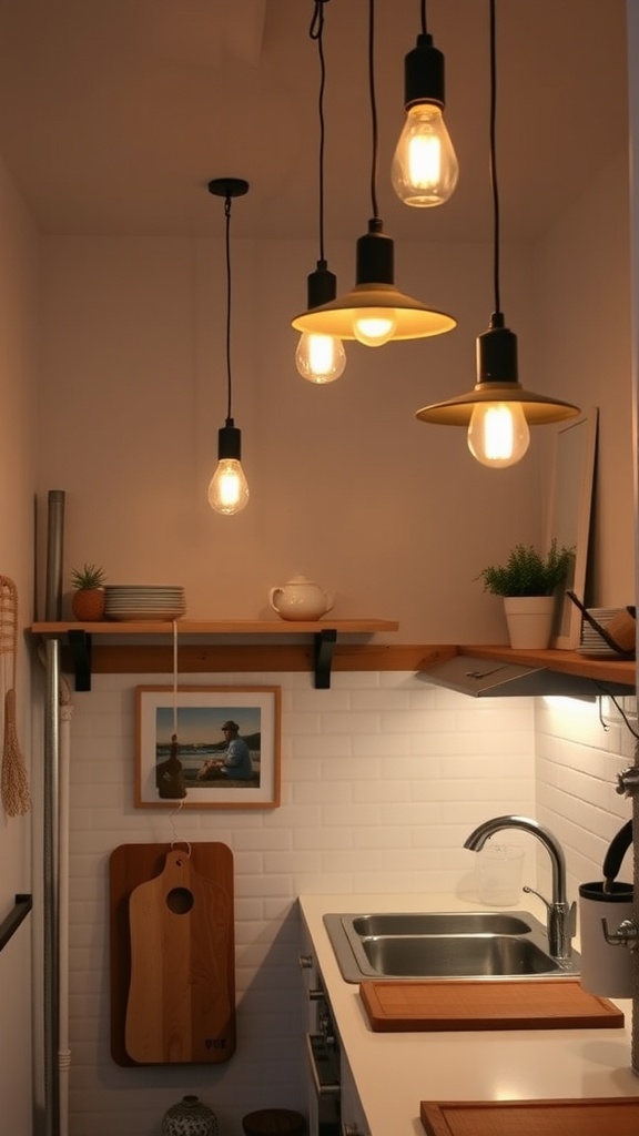 A small kitchen with hanging lights, showcasing a cozy and inviting atmosphere