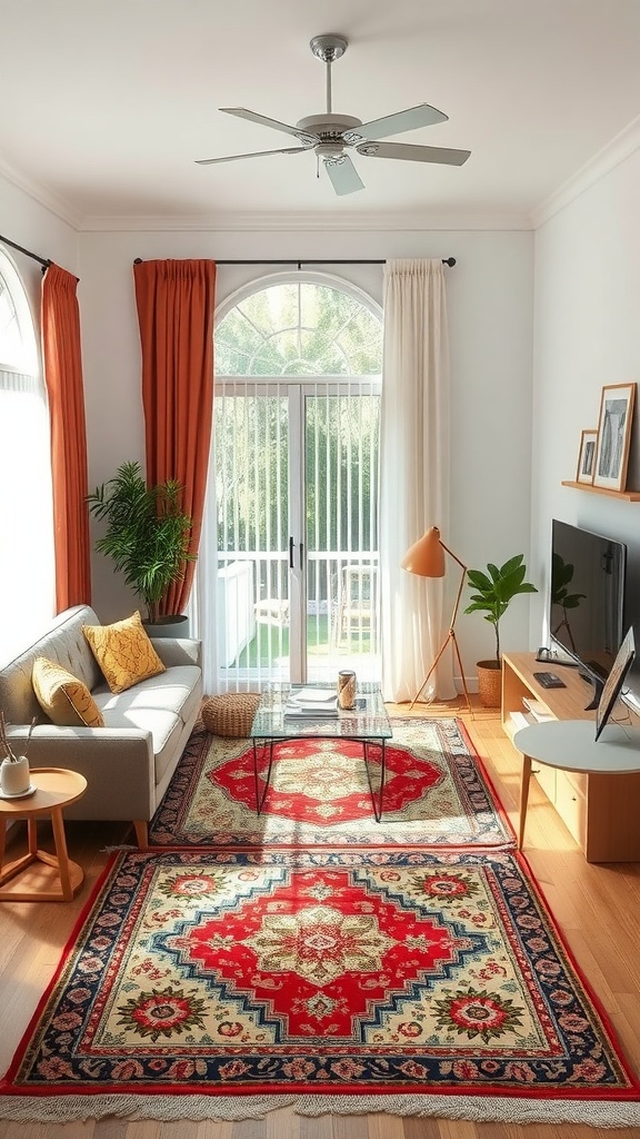 A small living room featuring a colorful area rug, a cozy sofa, and bright natural light.