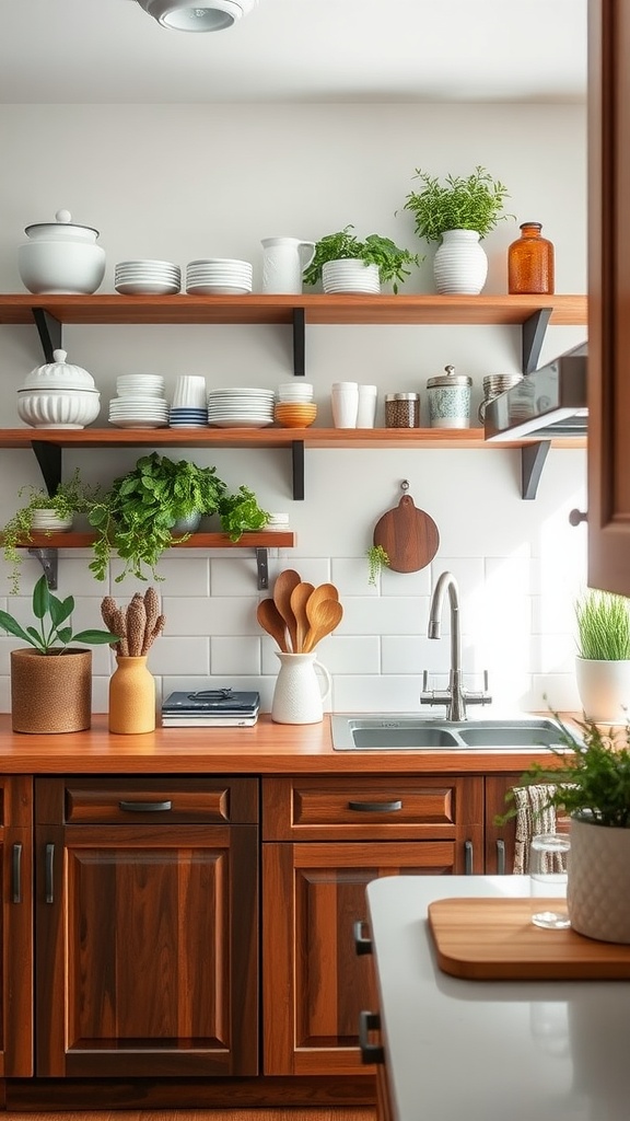A small kitchen with DIY open shelving, displaying dishes and plants on wooden shelves.