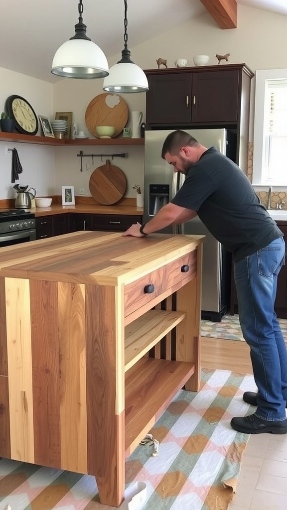 A cozy kitchen with a wooden island and a person preparing food.