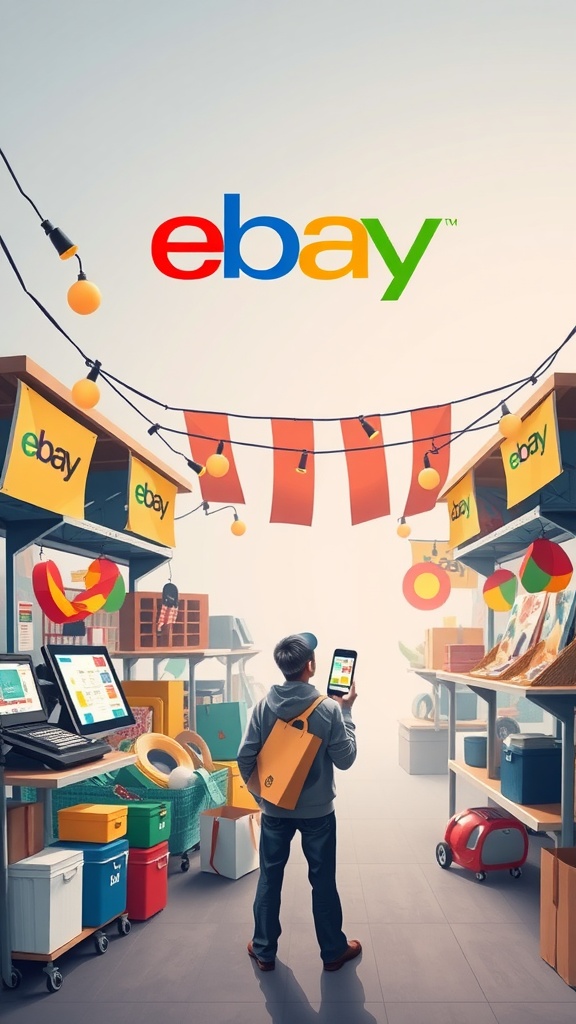 A person standing in a vibrant eBay marketplace, looking at a mobile device, surrounded by colorful displays of products.