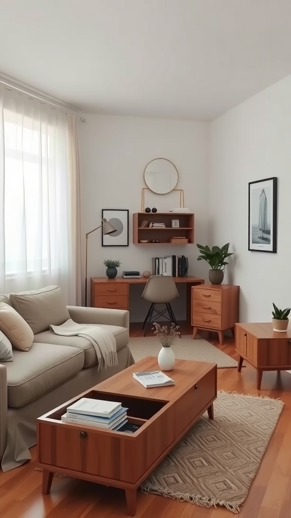 A minimalist living room featuring a cozy sofa, multi-functional coffee table with storage, a compact desk, and warm wooden furniture.