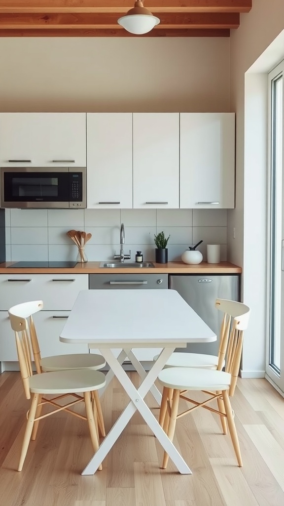 A small kitchen featuring a white dining table with two light-colored chairs, wood flooring, and modern cabinets.