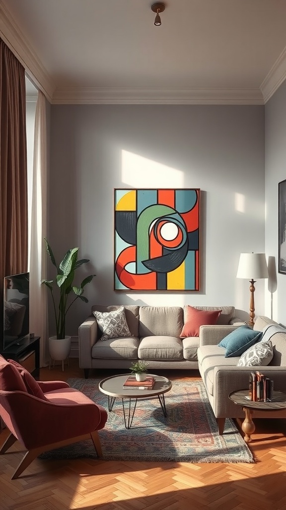 A cozy small living room featuring a bold piece of artwork on the wall, a comfortable sofa, a stylish chair, and a coffee table.