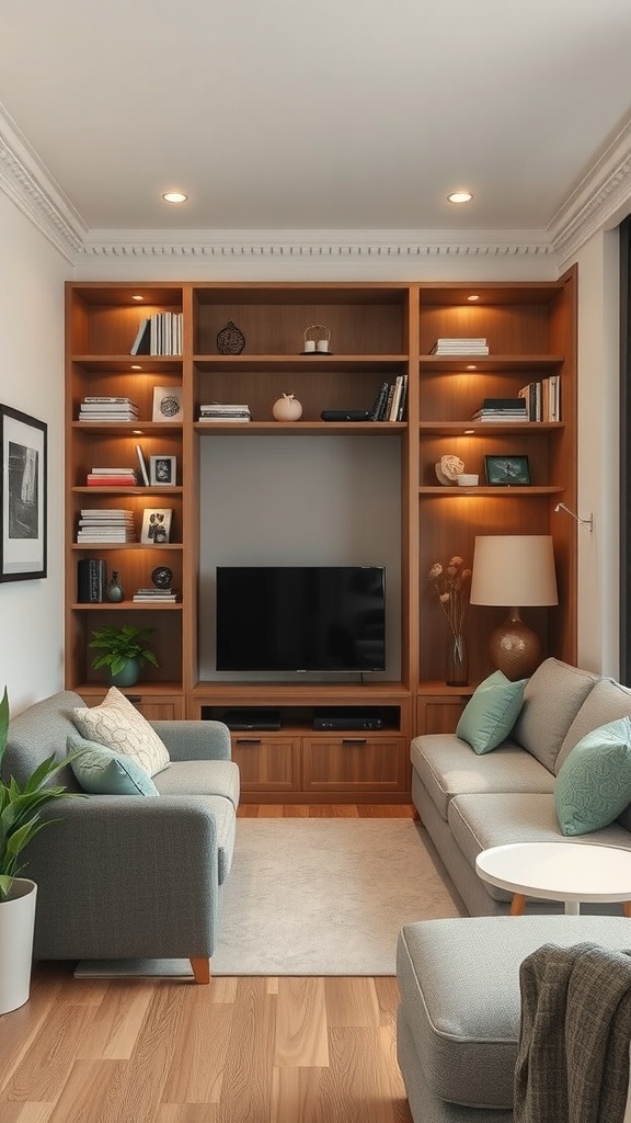 A small living room featuring built-in wooden shelves, gray sofas, and a TV unit.