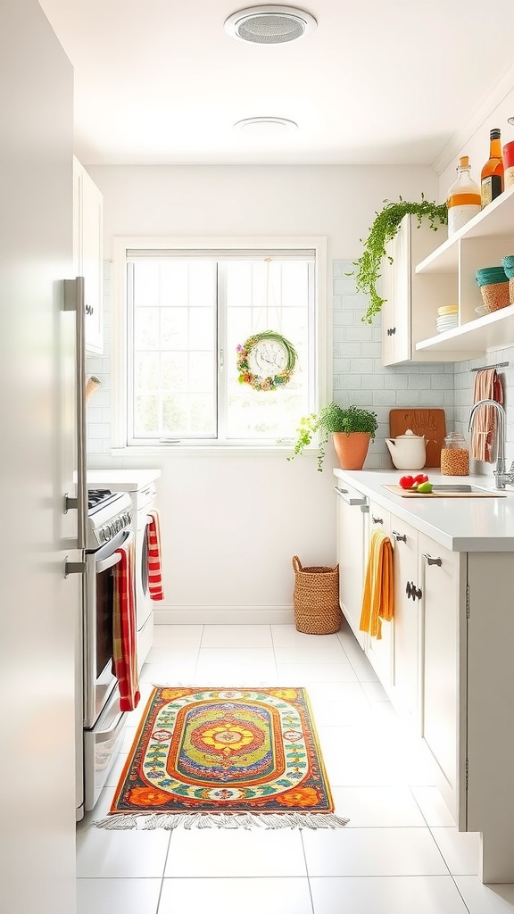 Brightly colored small kitchen with a patterned rug, plants, and colorful kitchen accessories.