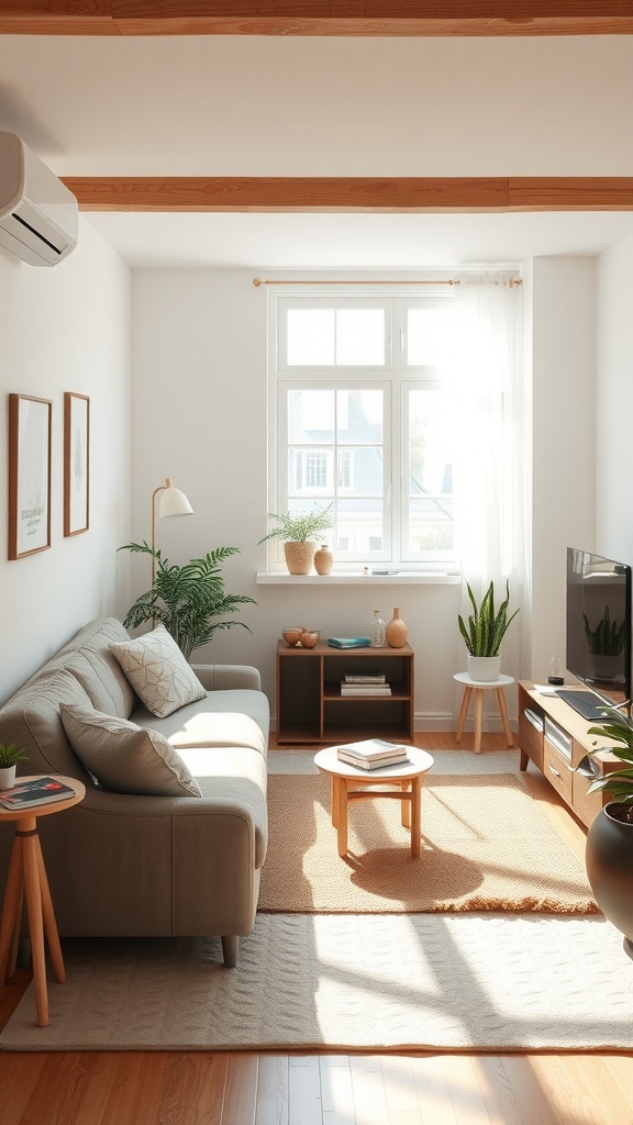 A small, airy living room featuring light colors, a beige sofa, wooden beams, and green plants.