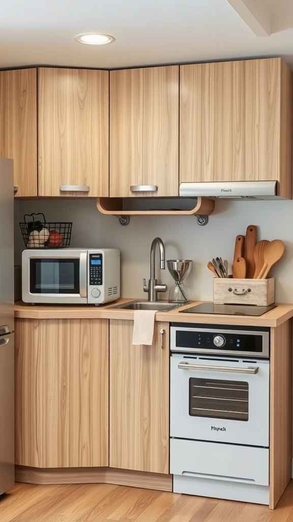 A small kitchen featuring multi-purpose appliances like a microwave and a combination stovetop oven, with warm wood cabinetry.