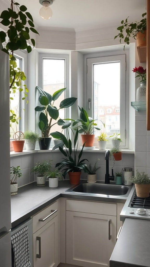 A small kitchen with various plants on the windowsill, creating a fresh and lively atmosphere.