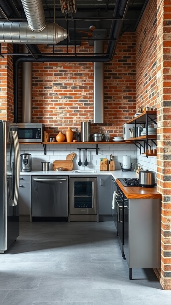 An industrial loft kitchen featuring exposed brick walls, stainless steel appliances, and open shelving.