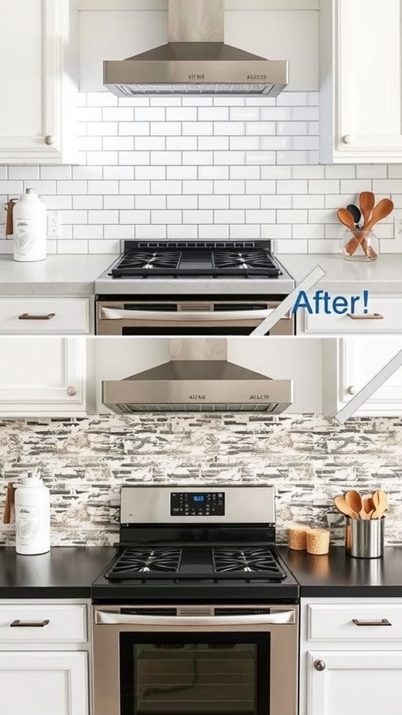 Before and after image of a kitchen backsplash transformation.