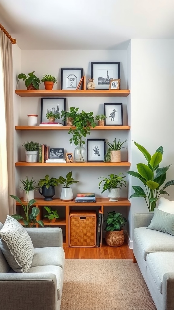 Open shelving display in a small living room featuring plants, books, and framed pictures.