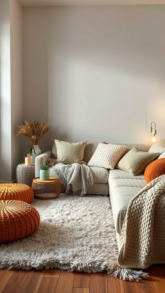 A cozy small living room with a light sofa, colorful poufs, and a fluffy rug, showcasing layered textures.