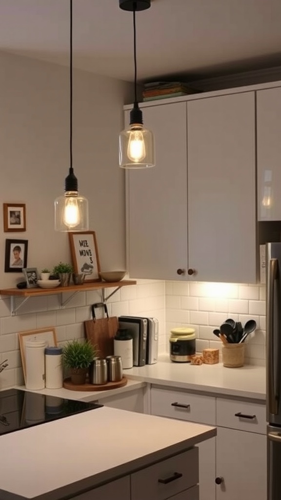 Stylish pendant lights in a small kitchen with modern cabinets and warm lighting