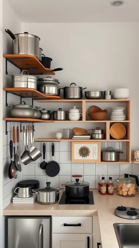 A small kitchen with vertical shelving displaying pots, pans, and decorative items, illustrating effective space management.