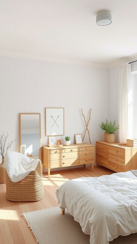 A minimalist Scandinavian bedroom featuring light colors, wooden furniture, and simple decor.