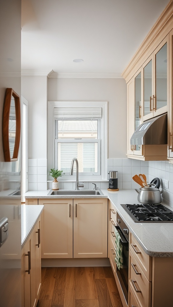 A small, modern kitchen with light cabinets and a spacious feel.