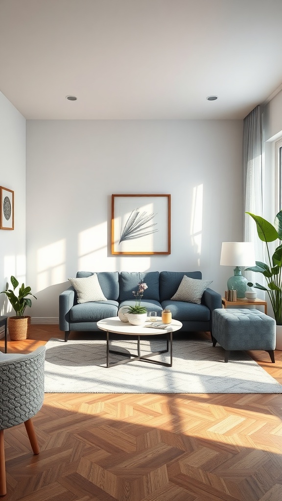Cozy small living room with a blue sofa, round coffee table, and plants, designed for comfort and flow.