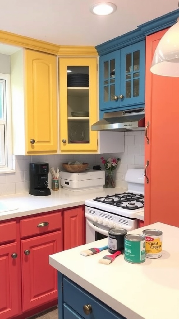 A small kitchen featuring colorful painted cabinets in teal, orange, yellow, and blue with paint supplies on the counter.