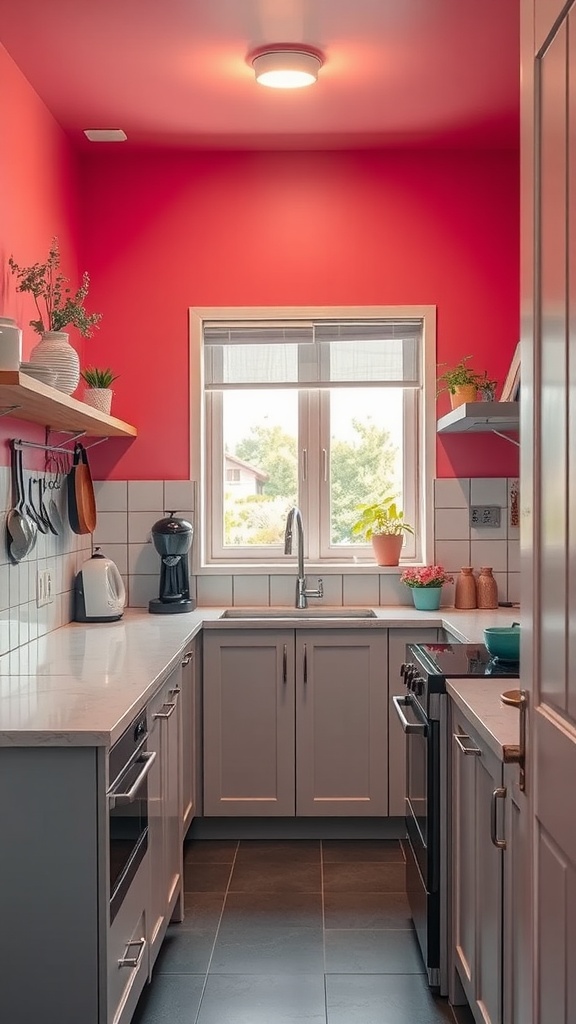 Small kitchen with pink walls and white cabinets