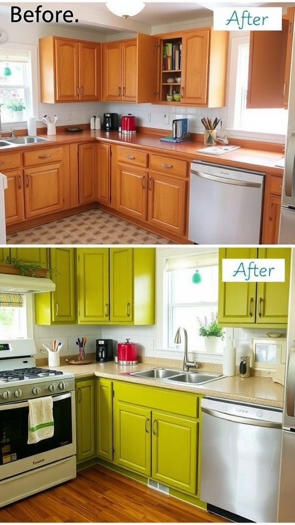 Before and after image of a kitchen cabinet makeover, showcasing a color transformation