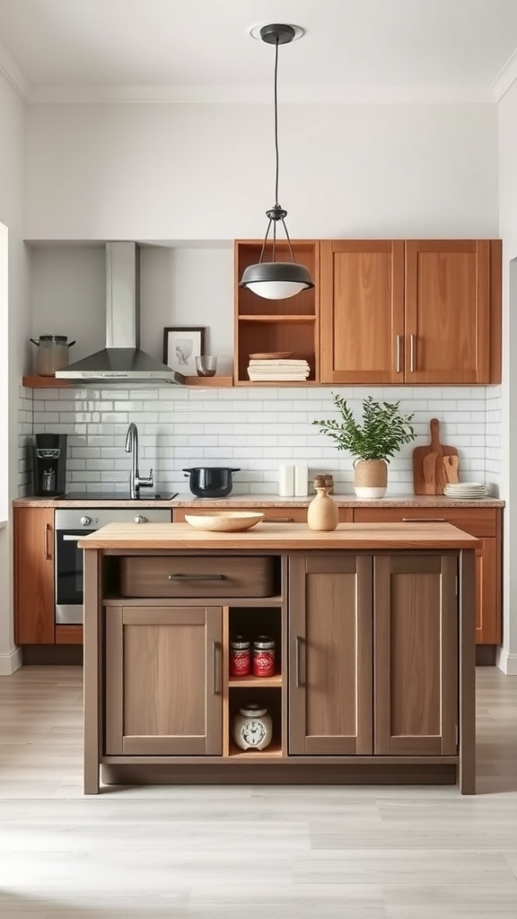 A small kitchen featuring a stylish wooden island with storage and a warm ambiance.