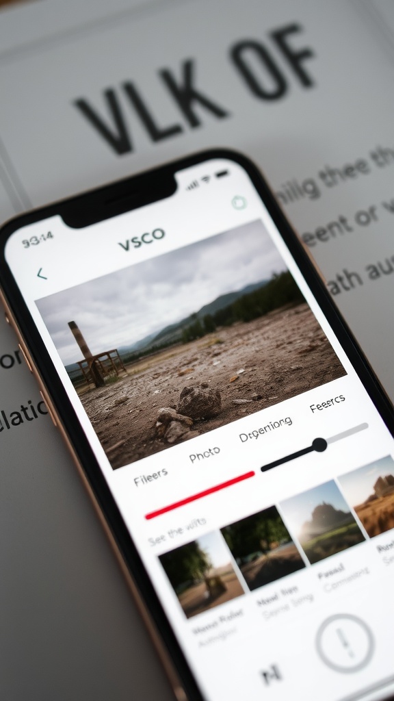 Screenshot of VSCO app showing photo editing features on a smartphone.