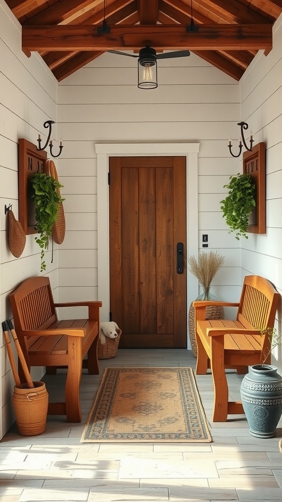 A rustic farmhouse entryway featuring wooden benches, a charming front door, and lush green plants.