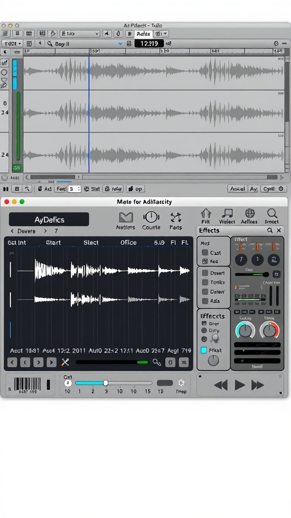 Screenshot of Audacity showing audio editing interface with waveforms and effects panel.