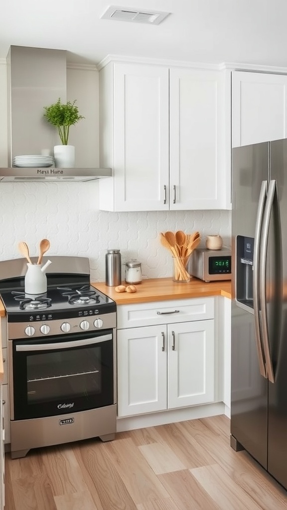A small kitchen featuring a stainless steel gas stove, refrigerator, and white cabinetry.