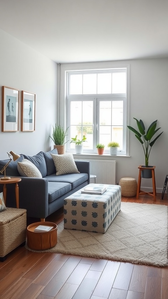 Cozy small living room with a gray couch, decorative storage solutions, and plants.
