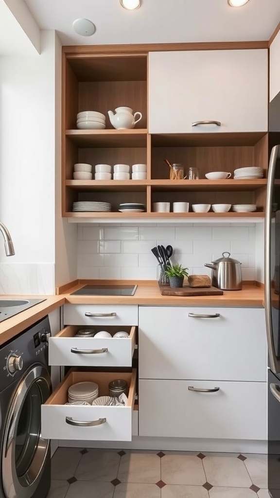 A small kitchen with open shelving and organized drawers, showcasing smart storage solutions.