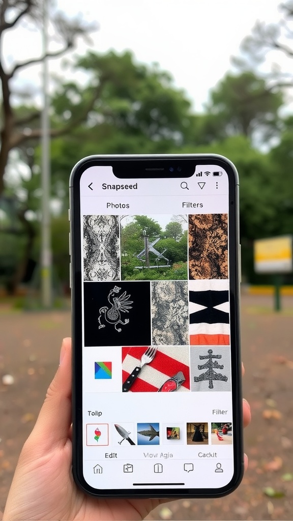 A smartphone displaying the Snapseed app with a selection of photos and editing options.