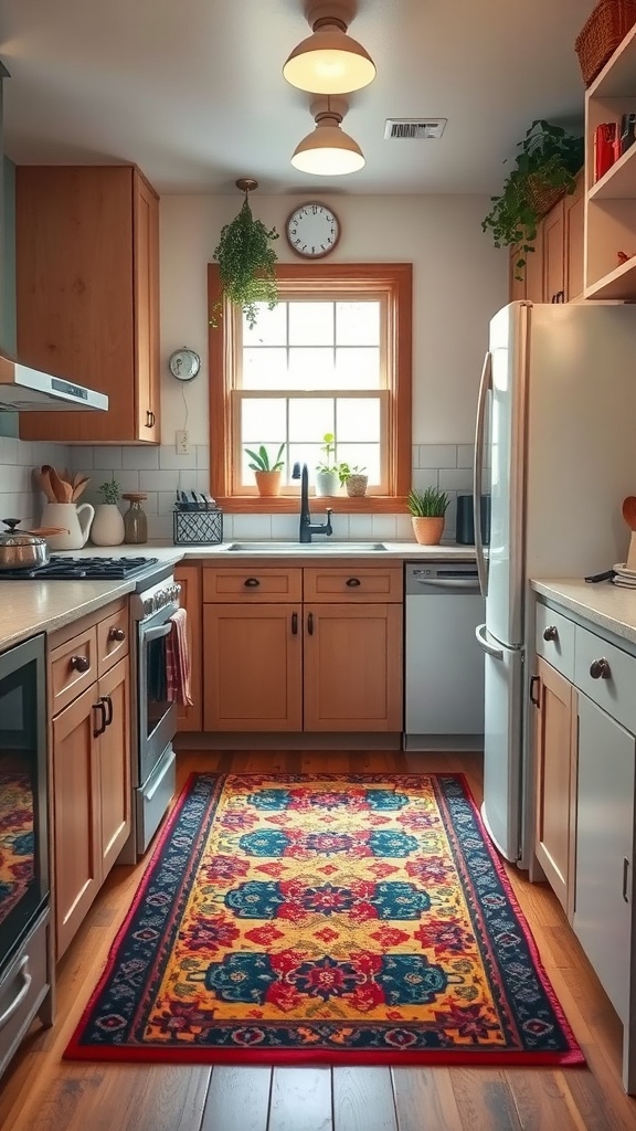 A colorful rug in a small kitchen, adding warmth and style to the space