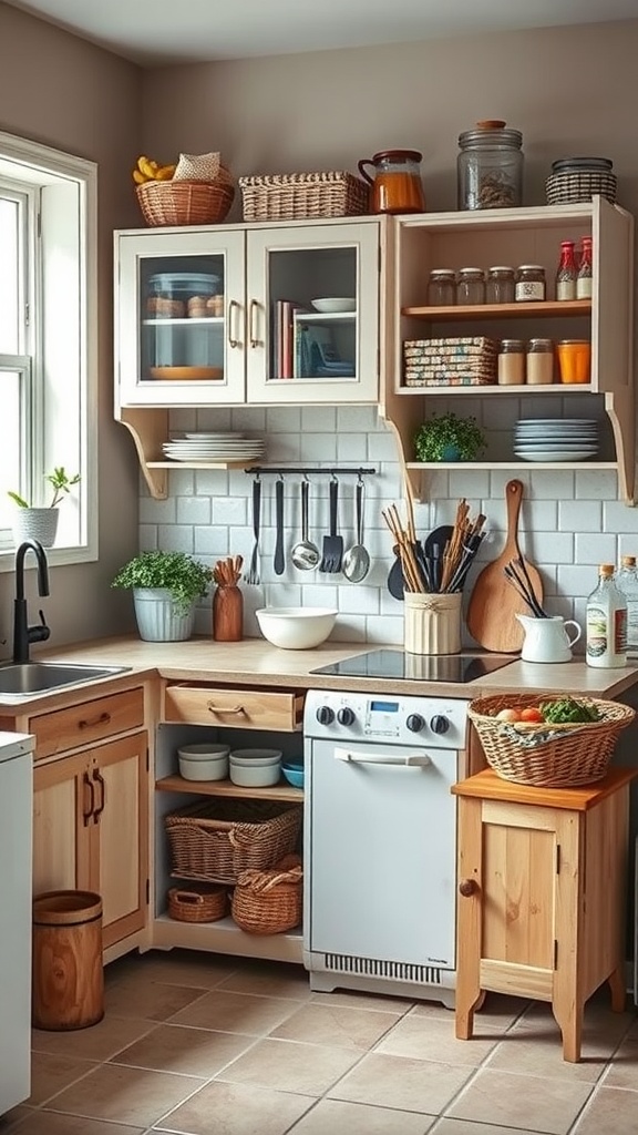 A cozy small kitchen with wooden cabinets, open shelves, and organized baskets.