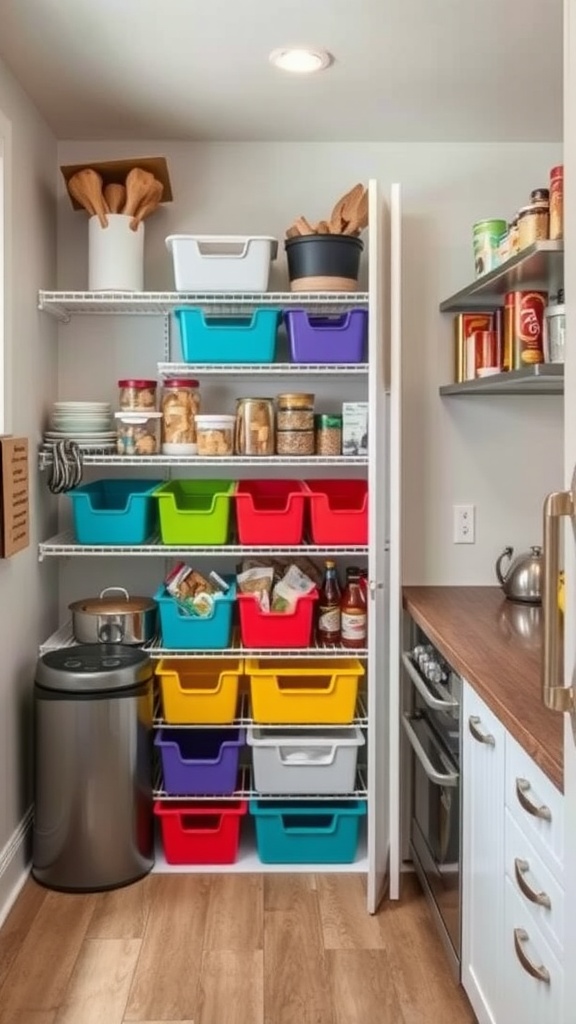 A colorful pantry with decorative bins organized on shelves, showcasing a neat and tidy kitchen space.