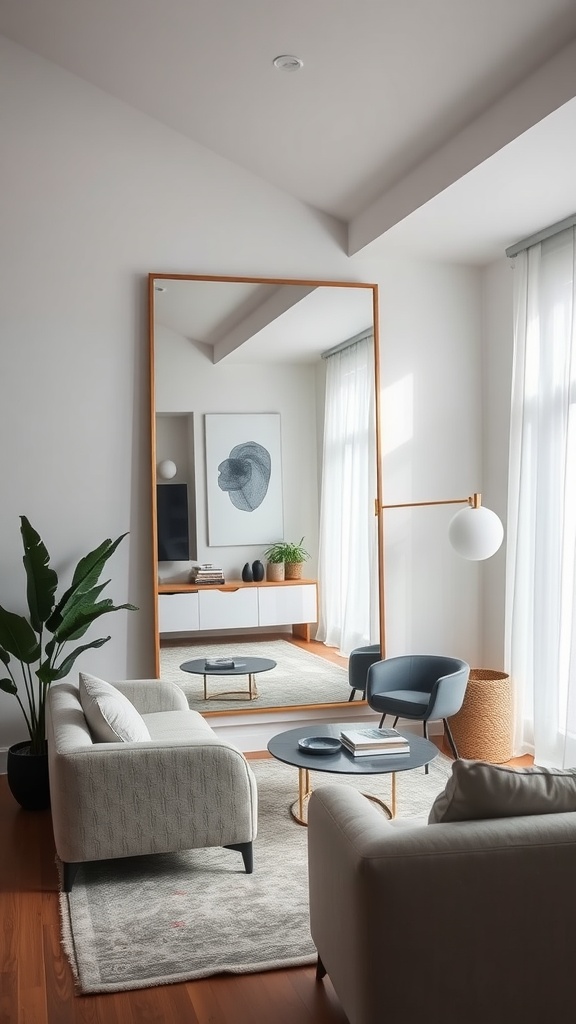 A cozy living room with a large mirror, modern furniture, and natural light