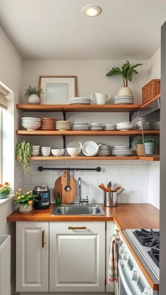A small kitchen featuring open shelving with various dishware, plants, and decorative items.