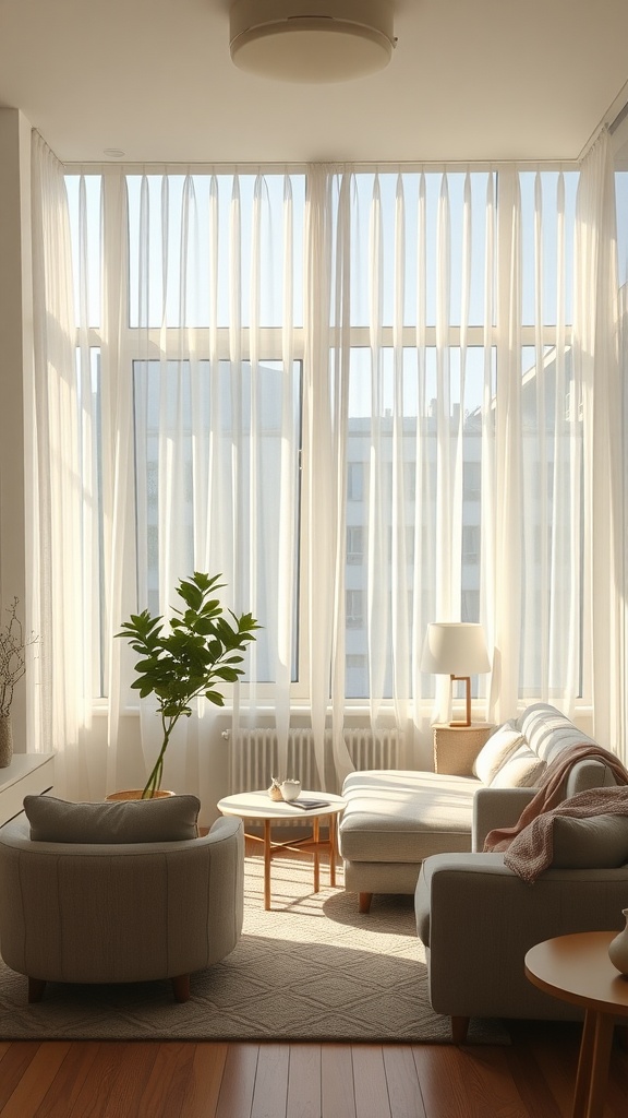 A small living room with sheer curtains letting in natural light, featuring a cozy sofa, armchairs, and a small table.