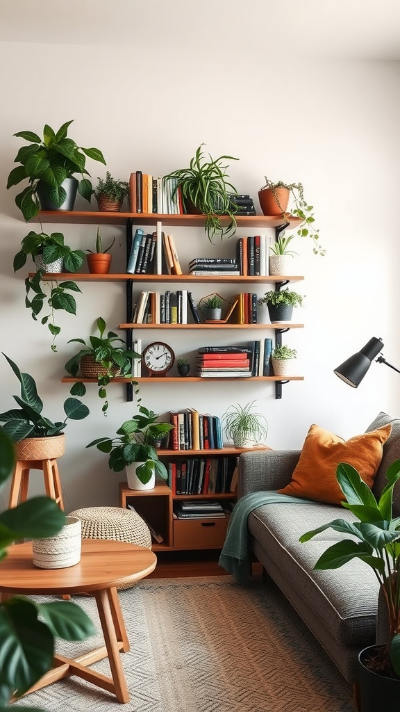 A small living room featuring vertical shelving with books and plants