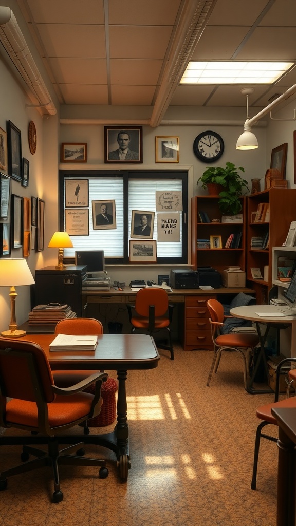 A vintage eclectic office space featuring wooden furniture, framed photographs, and warm lighting.