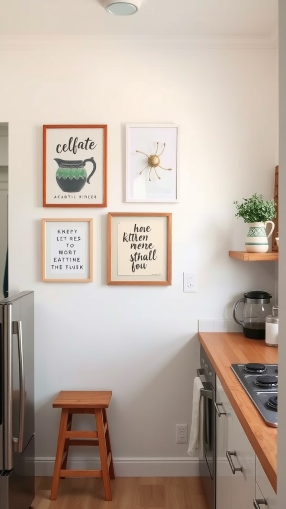 A small kitchen wall decorated with framed art and a plant.
