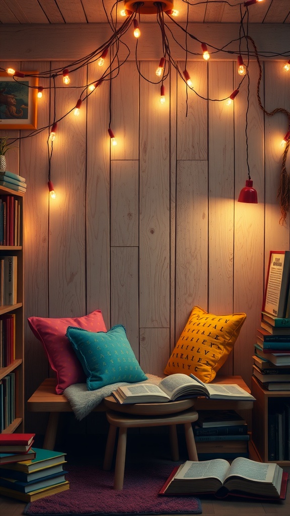 A cozy reading nook with colorful cushions, string lights, and bookshelves.