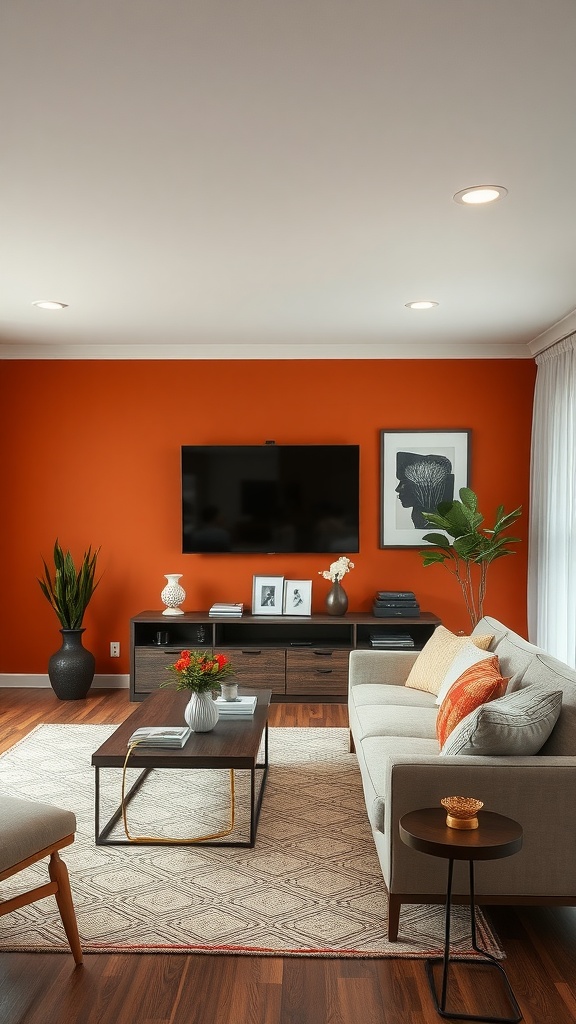 Warm orange accent wall in a living room with neutral furniture and decor.