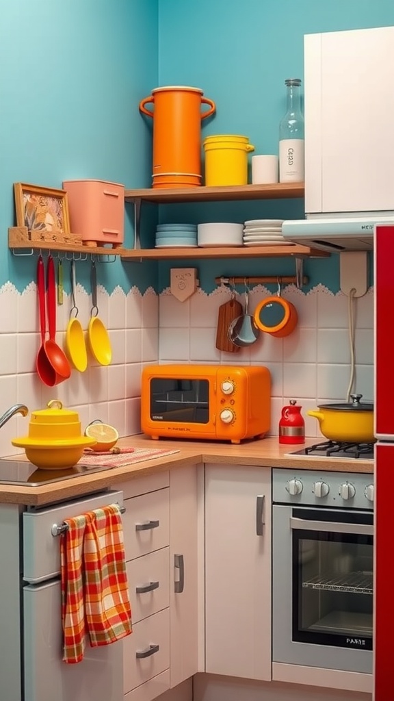 A colorful small kitchen corner with orange microwave, yellow pots, and vibrant accessories.